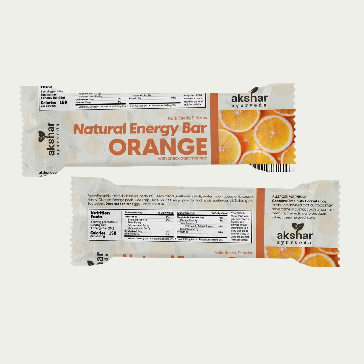 Akshar Ayurveda - Orange Energy Bar (12/Pack)- Ayurveda-inspired energy bar.