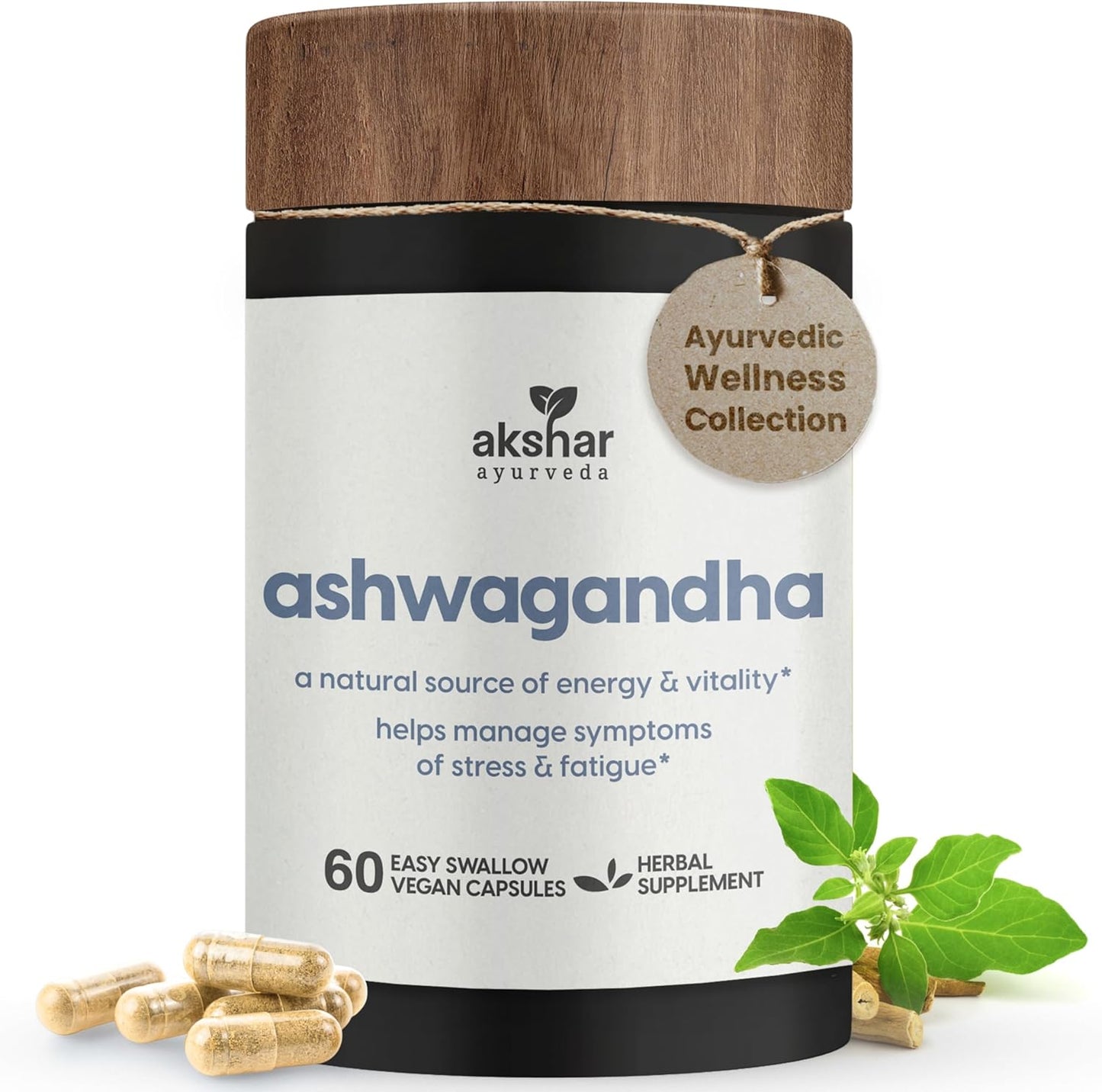 AKSHAR Ayurveda - Ashwagandha Capsules 500mg (60/Pack) with Ashwagandha Root Extract and Powder - Adaptogenic Herbal Support - Vegan Cruelty-Free.