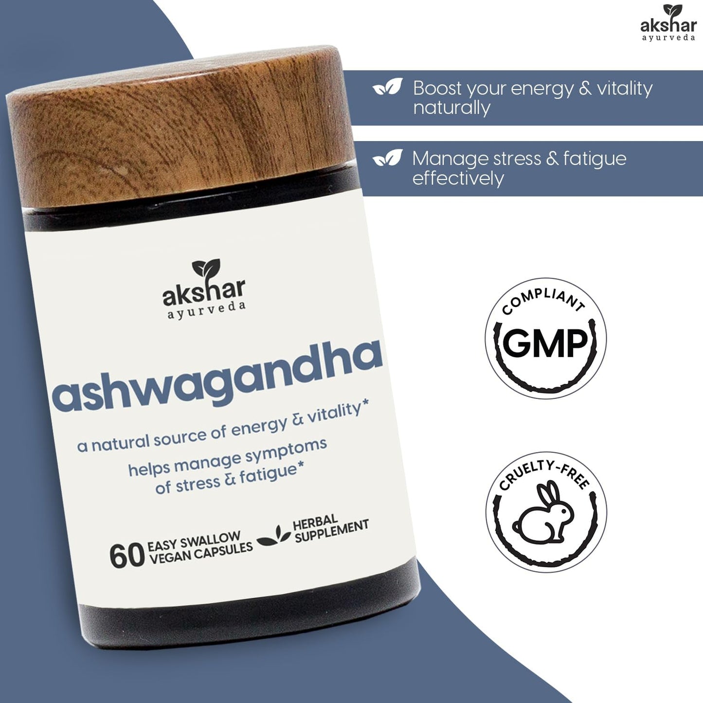 AKSHAR Ayurveda - Ashwagandha Capsules 500mg (60/Pack) with Ashwagandha Root Extract and Powder - Adaptogenic Herbal Support - Vegan Cruelty-Free.