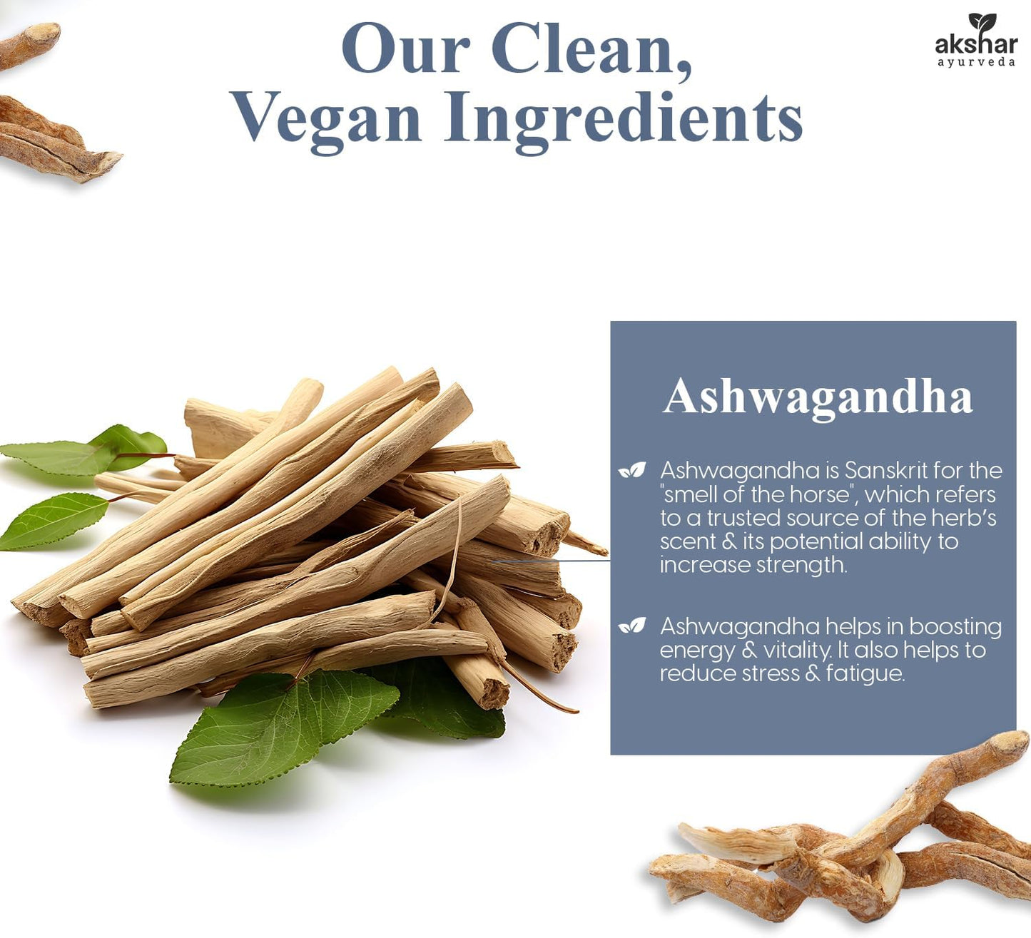 AKSHAR Ayurveda - Ashwagandha Capsules 500mg (60/Pack) with Ashwagandha Root Extract and Powder - Adaptogenic Herbal Support - Vegan Cruelty-Free.