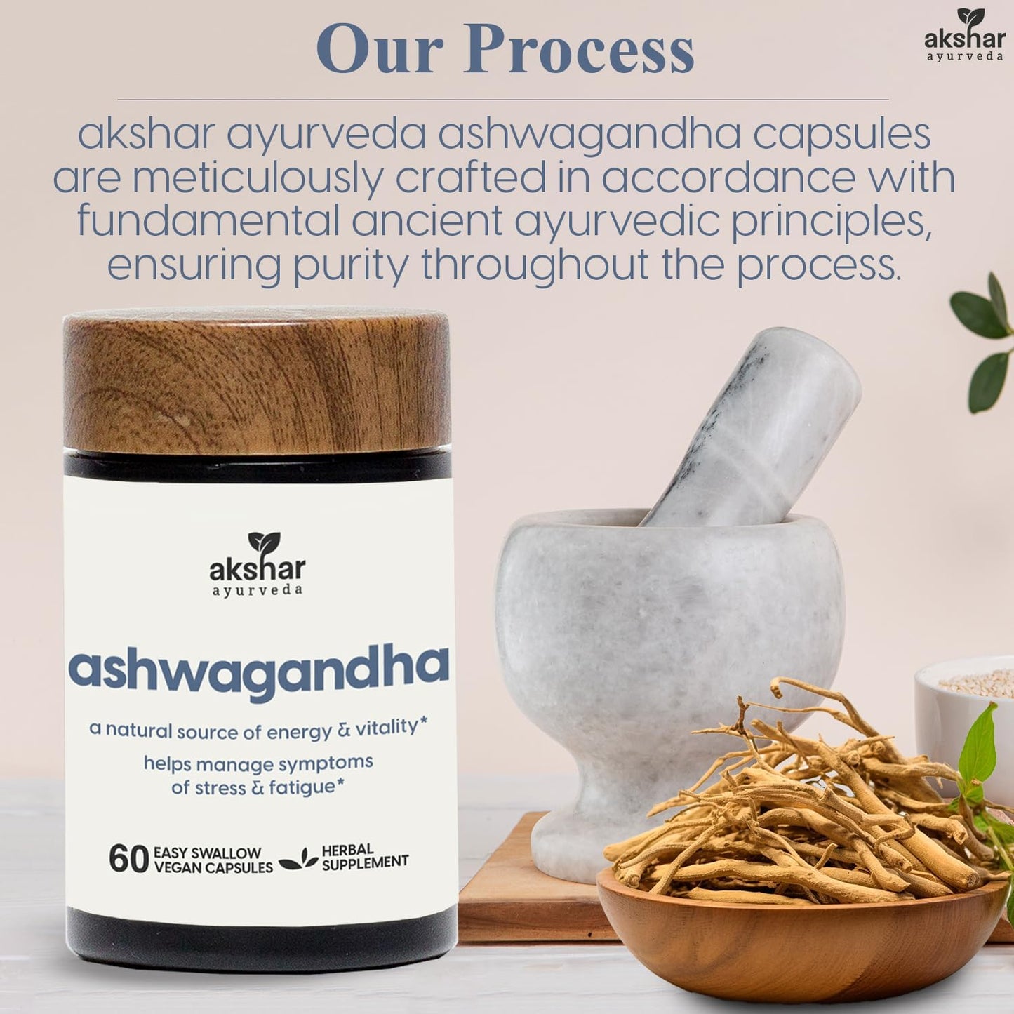 AKSHAR Ayurveda - Ashwagandha Capsules 500mg (60/Pack) with Ashwagandha Root Extract and Powder - Adaptogenic Herbal Support - Vegan Cruelty-Free.