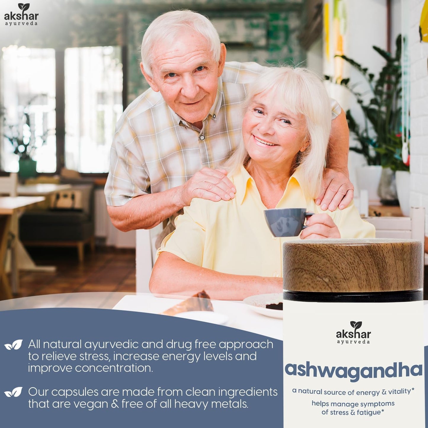 AKSHAR Ayurveda - Ashwagandha Capsules 500mg (60/Pack) with Ashwagandha Root Extract and Powder - Adaptogenic Herbal Support - Vegan Cruelty-Free.