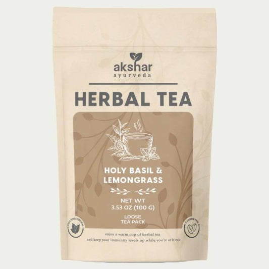 Akshar Ayurveda - Herbal Tea -  Holy Basil & Lemongrass Herbal Tea (100g) - Caffeine-Free