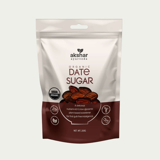 Akshar Ayurveda - Organic Date Sugar - 100% USDA Organic ground whole dates - Vegan, gluten-free, plant-based.