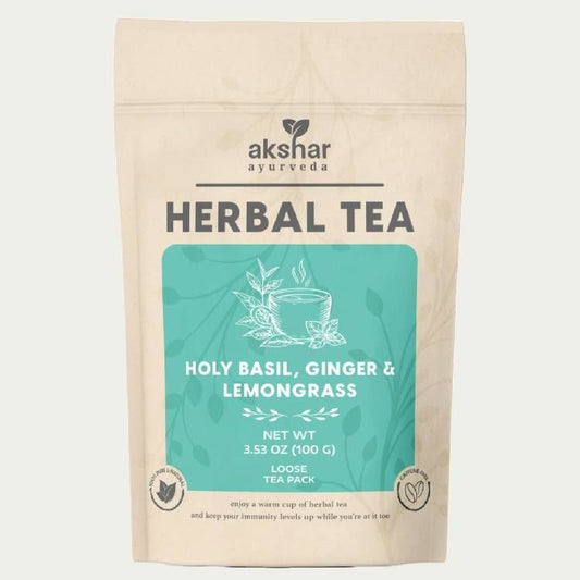 Akshar Ayurveda - Herbal Tea - Holy Basil, Ginger & Lemongrass Herbal Tea (100g) - Caffeine-Free
