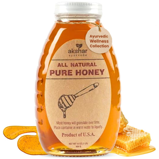 Akshar Ayurveda - Pure Honey - All Natural USA Honey - Smooth & Easy to Pour, Stored in Glass Jar - Natural Superfood Ingredient for Cooking, Baking or Eating Raw.