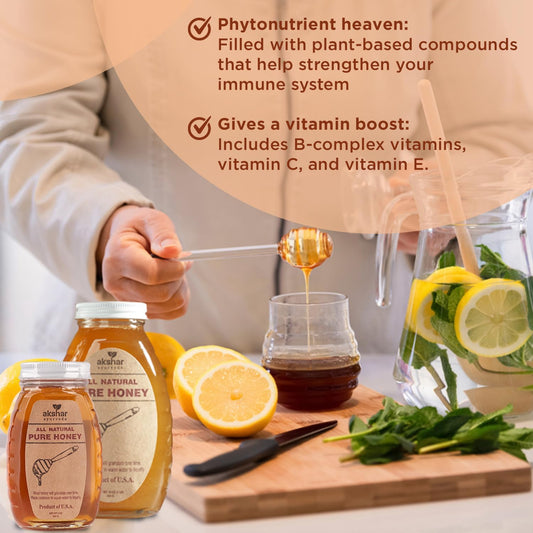 Akshar Ayurveda - Pure Honey - All Natural USA Honey - Smooth & Easy to Pour, Stored in Glass Jar - Natural Superfood Ingredient for Cooking, Baking or Eating Raw.