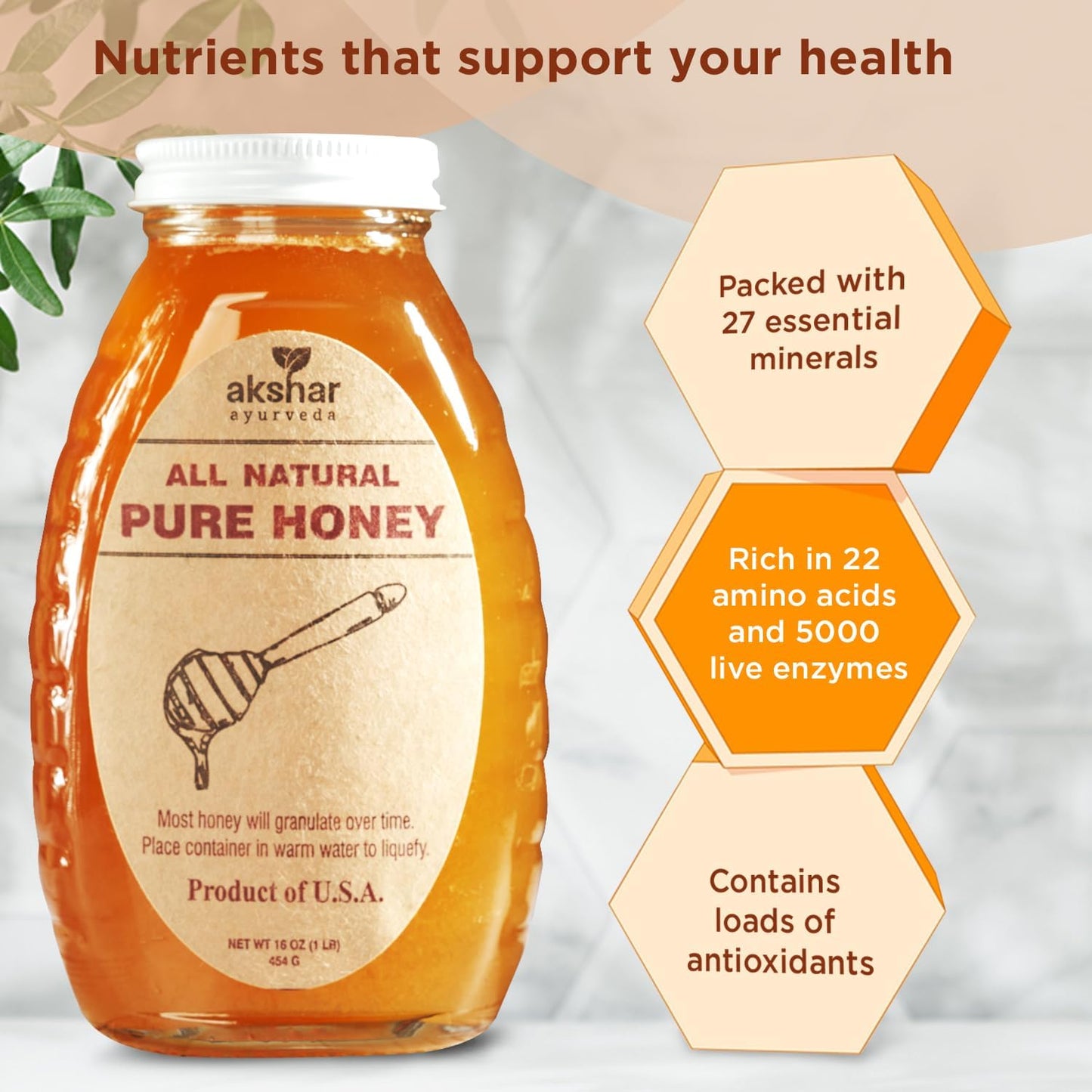 Akshar Ayurveda - Pure Honey - All Natural USA Honey - Smooth & Easy to Pour, Stored in Glass Jar - Natural Superfood Ingredient for Cooking, Baking or Eating Raw.