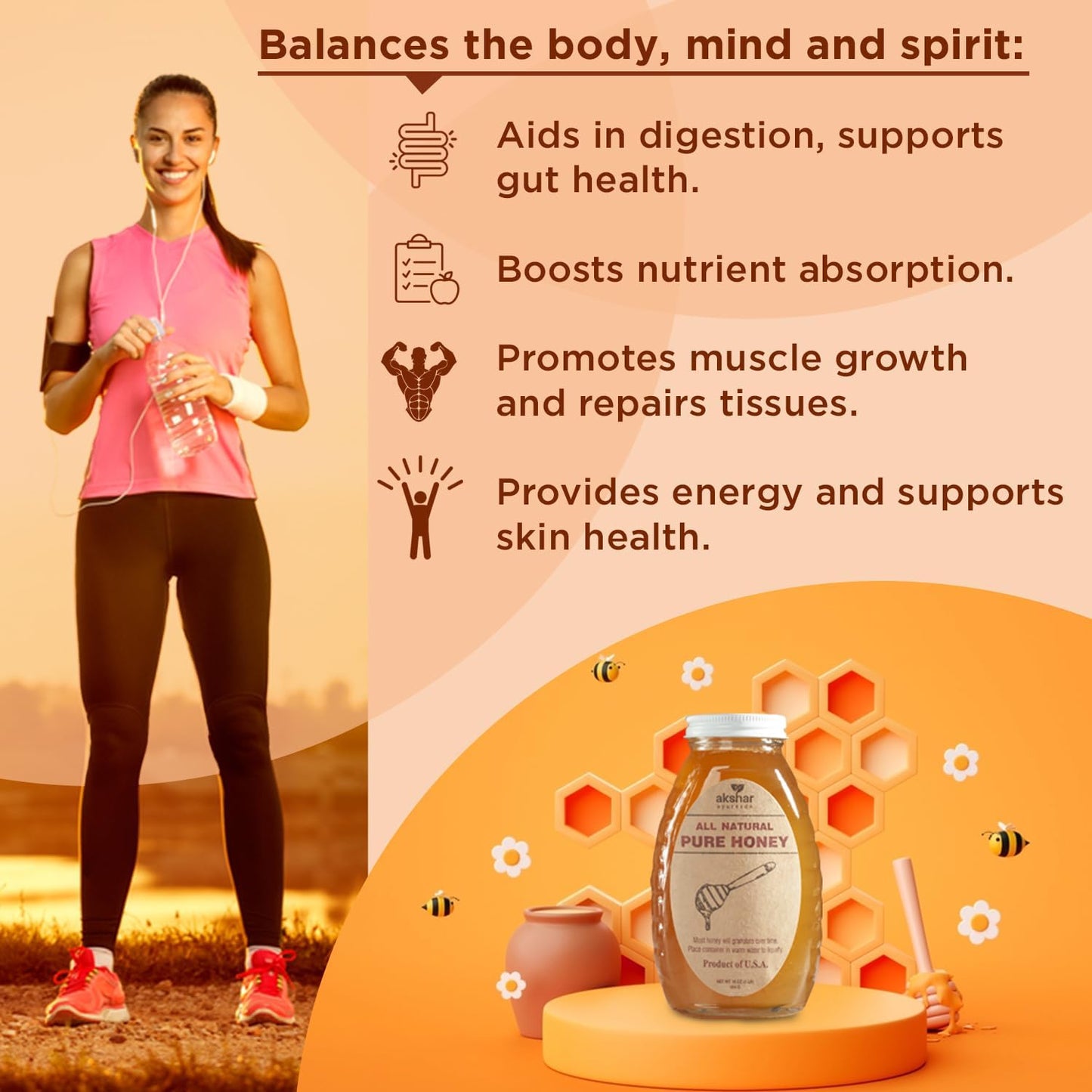 Akshar Ayurveda - Pure Honey - All Natural USA Honey - Smooth & Easy to Pour, Stored in Glass Jar - Natural Superfood Ingredient for Cooking, Baking or Eating Raw.