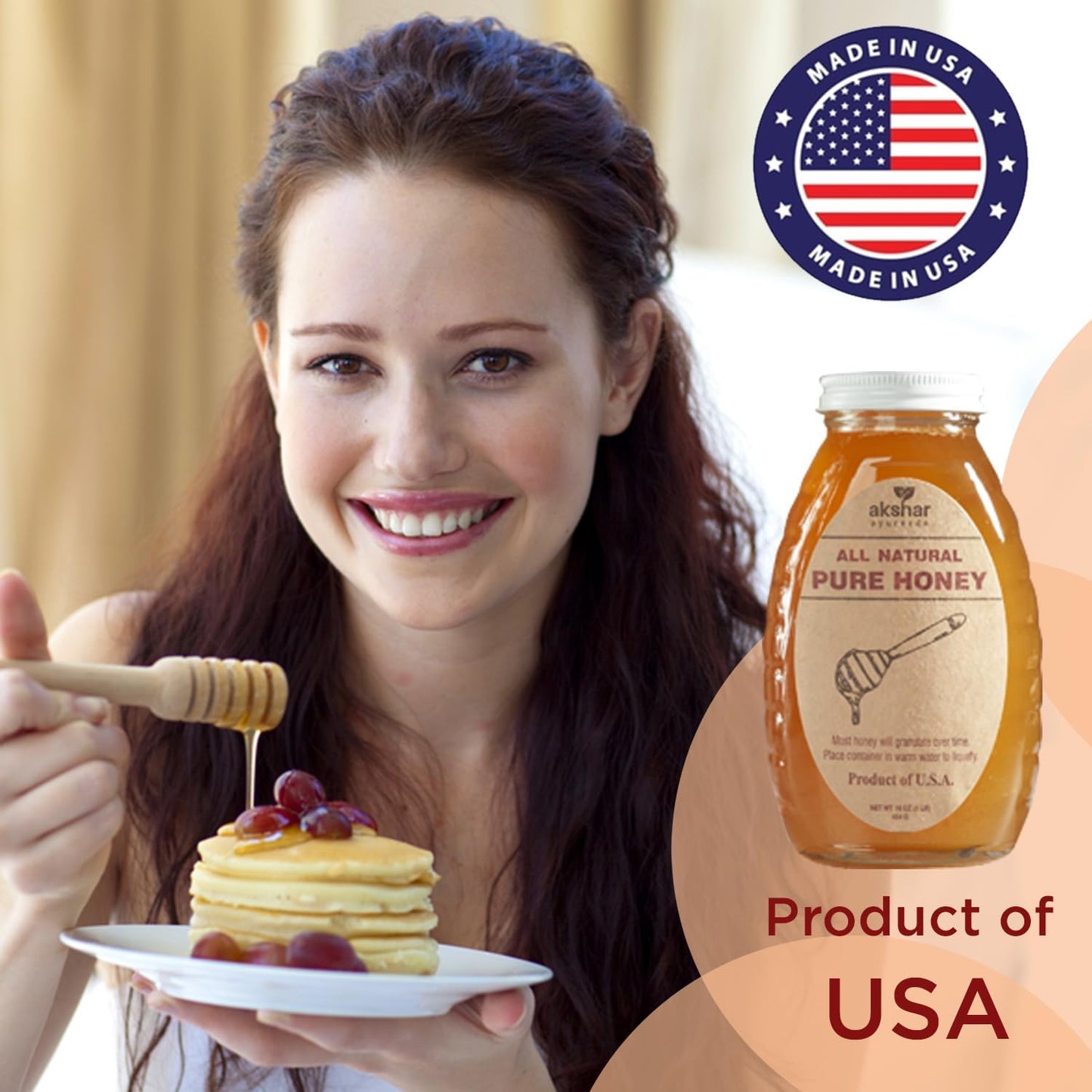 Akshar Ayurveda - Pure Honey - All Natural USA Honey - Smooth & Easy to Pour, Stored in Glass Jar - Natural Superfood Ingredient for Cooking, Baking or Eating Raw.