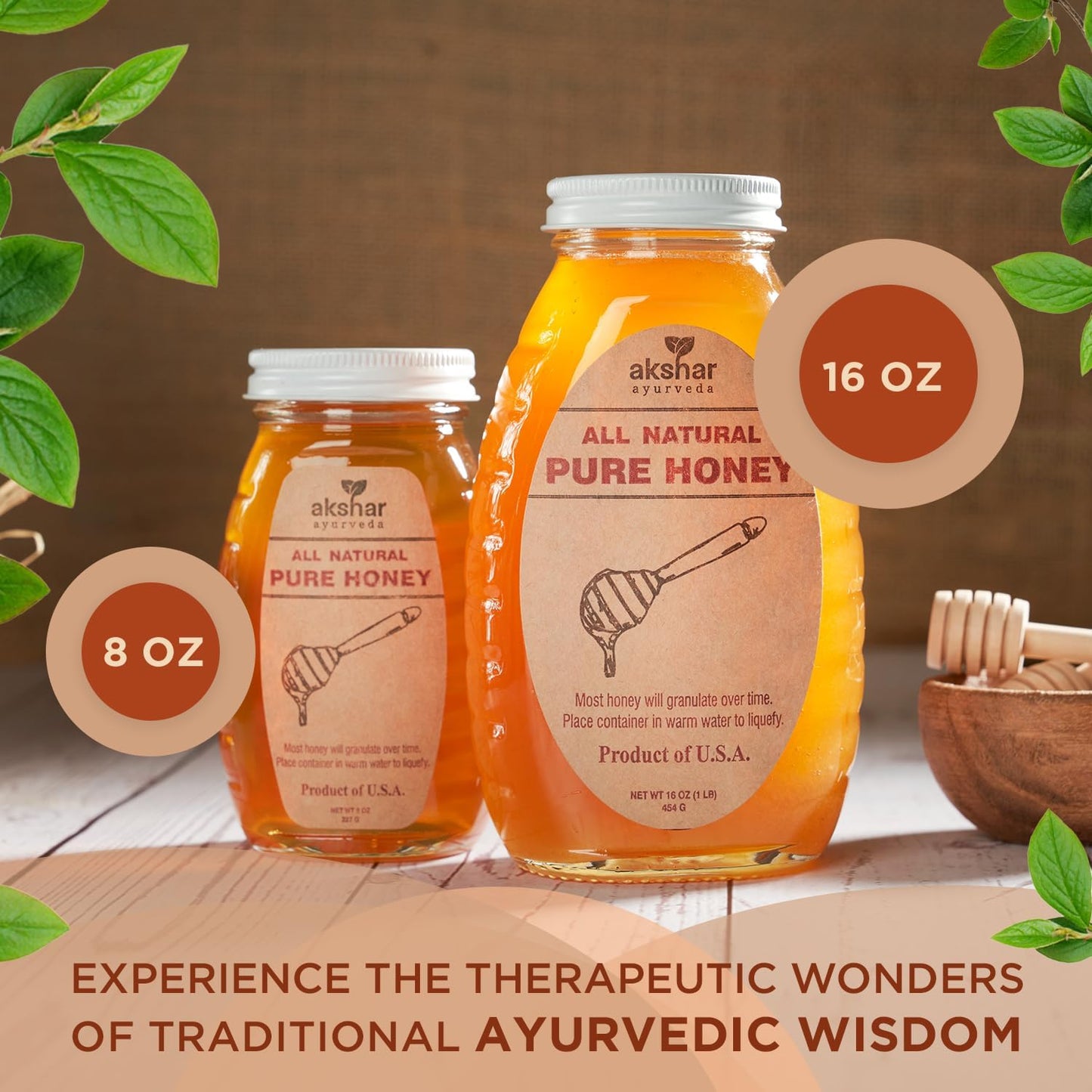 Akshar Ayurveda - Pure Honey - All Natural USA Honey - Smooth & Easy to Pour, Stored in Glass Jar - Natural Superfood Ingredient for Cooking, Baking or Eating Raw.