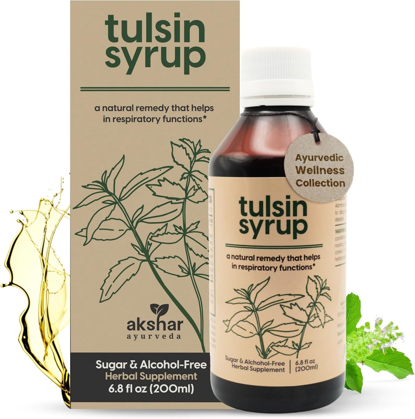 AKSHAR Ayurveda - Tulsin Syrup, Natural Cough Syrup (200ml) with Licorice, Ginger, Turmeric, Basil, Malabar Nut - Respiratory Lung Health Supplements, Mucus Relief & Bronchial Wellness Syrup.